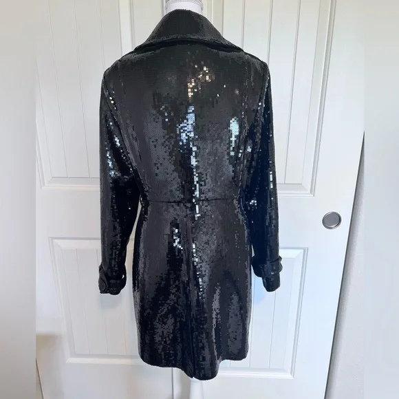 BEBE NWT SEQUIN TRENCH COAT BLACK SHINY TUXEDO COUTURE GALA FORMAL JACKET GLAMOR - Picture 7 of 16